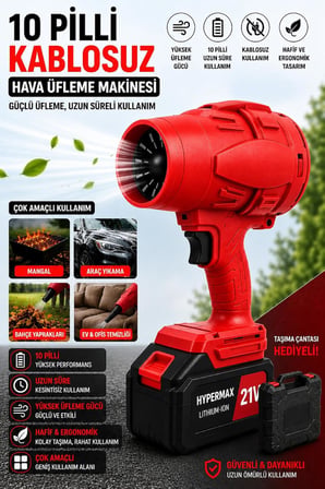 Kablosuz Hava Üfleyici Fan 10 Pilli 12.000 mAh Jet Turbo Motorlu Bahçe Yaprak Üfleme ve Araç Kurutma Makinesi