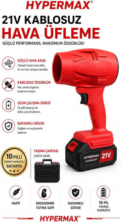 Kablosuz Hava Üfleyici Fan 10 Pilli 12.000 mAh Jet Turbo Motorlu Bahçe Yaprak Üfleme ve Araç Kurutma Makinesi