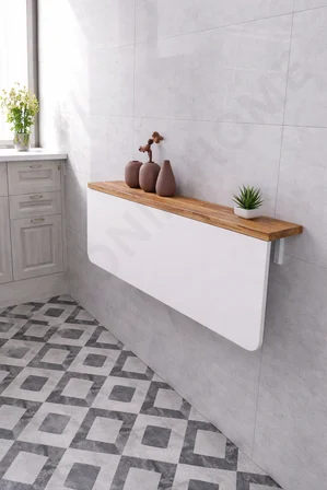 60x110 Katlanır Duvara Monte Masa ve 2 Adet 15x110 Raf Seti Beyaz & Çam Desen Oval Köşeli