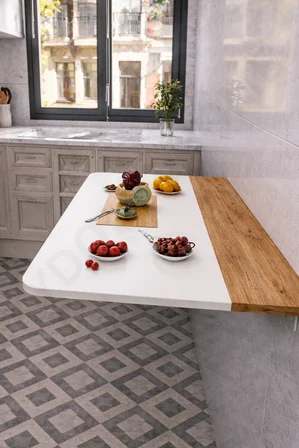 60x110 Katlanır Duvara Monte Masa ve 2 Adet 15x110 Raf Seti Beyaz & Çam Desen Oval Köşeli