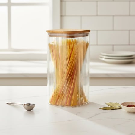 10x20 cm Bambu Kapaklı Kare Cam Saklama Kavanozu - Vakumlu Ekstra Uzun Boy Şeffaf Erzak Kabı Spagetti Makarna Bakliyat Kutusu ve Mutfak Düzenleyici Organizatör