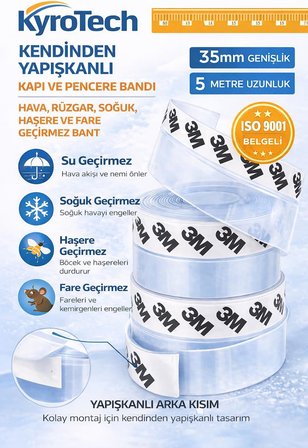 Kyrotech 5 Metre Kapı ve Pencere Bandı, Kendinden Yapışkanlı Şeffaf Silikon Fitil, PVC Kapı Pencere Contası, Duşakabin ve Cam İçin, Rüzgar, Toz, Böcek ve Ses Yalıtımı, Soğuk Geçirmez, 35 mm, ISO 9001