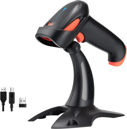 HW0002 Kablosuz Barkod Okuyucu, 1D/2D/QR Kod Tarayıcı, Bluetooth/2.4G/USB 3’ü 1 Arada, Titreşim Uyarılı &amp; Şarj Göstergeli, Stand Dahil