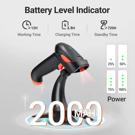 HW0002 Kablosuz Barkod Okuyucu, 1D/2D/QR Kod Tarayıcı, Bluetooth/2.4G/USB 3’ü 1 Arada, Titreşim Uyarılı &amp; Şarj Göstergeli, Stand Dahil