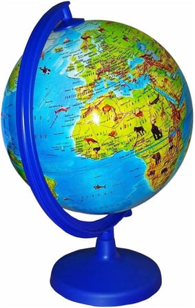 Dünya Küresi Fiziki Hayvanlı Işıksız 20 Cm Çap -30 Cm Yükseklik- Eğitci Yer Küre, Mavi