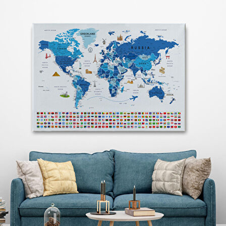 Harita Sepeti Dünya Haritası Ayrıntılı Eğitici Sembollü Bayraklı Dekoratif Kanvas Tablo 2829