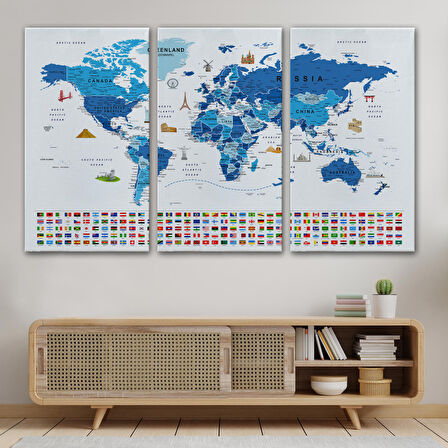 Harita Sepeti Dünya Haritası Ayrıntılı Eğitici Sembollü Bayraklı Dekoratif Kanvas Tablo 2829