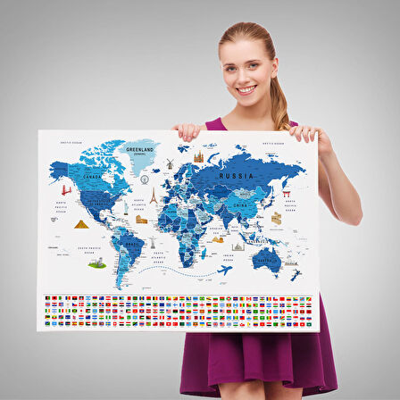 Harita Sepeti Dünya Haritası Ayrıntılı Eğitici Sembollü Bayraklı Dekoratif Kanvas Tablo 2829