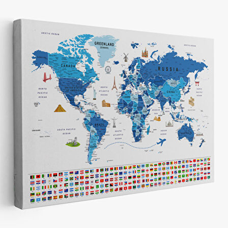Harita Sepeti Dünya Haritası Ayrıntılı Eğitici Sembollü Bayraklı Dekoratif Kanvas Tablo 2829