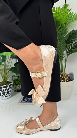  Günlük Kadın Kadife Fiyonklu Balerin Babet Tek Bantlı Tokalı Oval Burun Tırtıklı Taban Ayakkabı 283