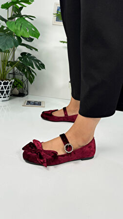  Günlük Kadın Kadife Fiyonklu Balerin Babet Tek Bantlı Tokalı Oval Burun Tırtıklı Taban Ayakkabı 283