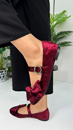  Günlük Kadın Kadife Fiyonklu Balerin Babet Tek Bantlı Tokalı Oval Burun Tırtıklı Taban Ayakkabı 283