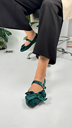  Günlük Kadın Kadife Fiyonklu Balerin Babet Tek Bantlı Tokalı Oval Burun Tırtıklı Taban Ayakkabı 283