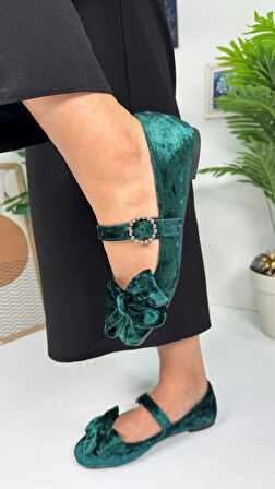  Günlük Kadın Kadife Fiyonklu Balerin Babet Tek Bantlı Tokalı Oval Burun Tırtıklı Taban Ayakkabı 283