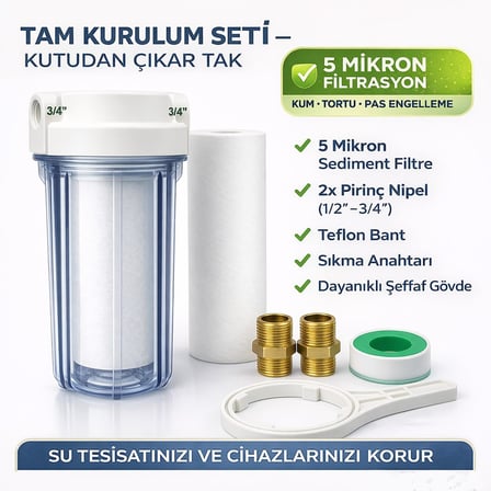 Sediment Filtre Housing Seti | 10” Şeffaf Kap + 5 Mikron PP Filtre + Anahtar + Pirinç Bağlantı + Teflon Bant| Şebeke Suyu Ön Filtreleme (1)