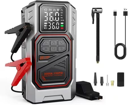 Harvox Çok Fonksiyonlu Taşınabilir Araç Güç Destek Cihazı – Akü Takviye &amp; Power Destek Ünitesi Jump Starter – 12 V Çok Amaçlı Güç Kaynağı – Hava Basınç Pompası ve Acil Işık Fonksiyonlu