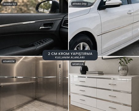 2 Cm Gümüş Krom Yapıştırma Şerit 1 METRE | Esnek Kendinden Yapışkanlı Dekoratif Krom Kaplama | Araç,