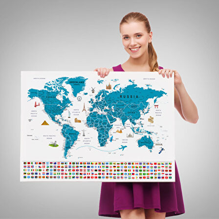 Harita Sepeti Dünya Haritası Ayrıntılı Eğitici Sembollü Bayraklı Dekoratif Kanvas Tablo 2831