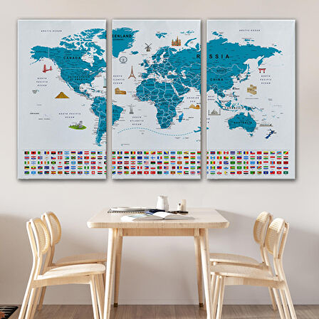 Harita Sepeti Dünya Haritası Ayrıntılı Eğitici Sembollü Bayraklı Dekoratif Kanvas Tablo 2831