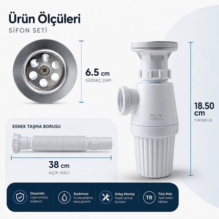 Badem10 Sifon Körüklü Sökülebilir Tas'lı Temizlenebilir Mutfak Banyo Lavabo Taşı Gider Borusu Plastik 38 cm