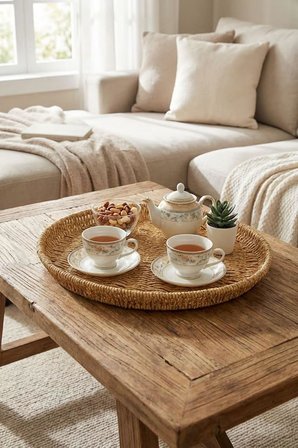 40 cm Plastik Rattan Tepsi, Hasır Görünümlü Dekoratif Servis Tepsisi, Mutfak Kahvaltı Sunum Masaüstü Organizer
