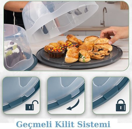 Geçmeli Kilitli, Kapaklı ve Saplı Yaş Pasta, Kek Taşıyıcı, Mutfak Saklama İçin Yuvarlak Fanus, BPA İçermeyen Kek Fanusu, Börek, Çörek Saklama Kabı, Cupcake, Turta Taşıma Kutusu (Lacivert)