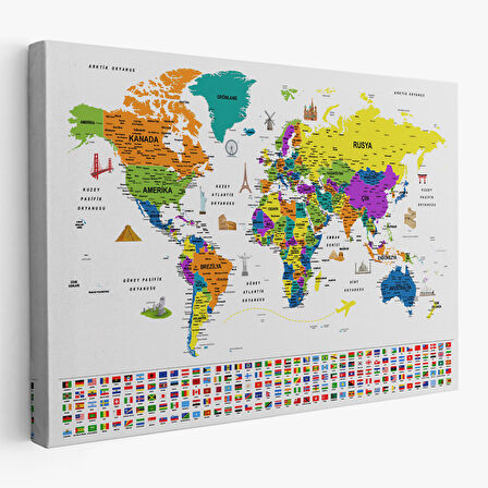 Harita Sepeti Türkçe Dünya Haritası Ayrıntılı Eğitici Sembollü Bayraklı Dekoratif Kanvas Tablo 2832