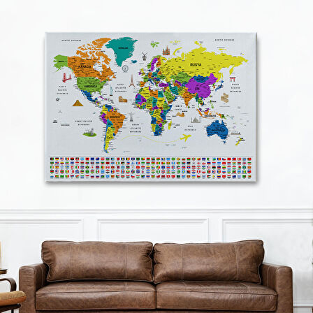 Harita Sepeti Türkçe Dünya Haritası Ayrıntılı Eğitici Sembollü Bayraklı Dekoratif Kanvas Tablo 2832