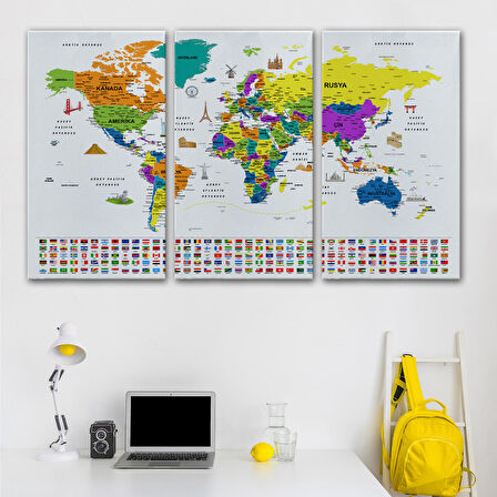 Harita Sepeti Türkçe Dünya Haritası Ayrıntılı Eğitici Sembollü Bayraklı Dekoratif Kanvas Tablo 2832