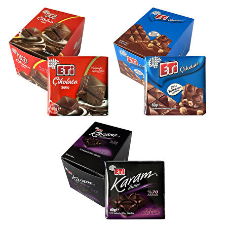 Eti Çikolata Sütlü - Fındıklı - Karam Bitter 60 gr 10 Adet 3 lü Karma Paket