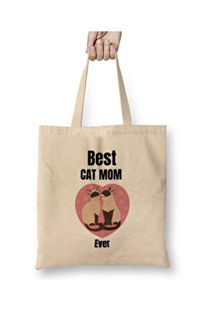 Anneler Günü Best Cat Mom Kedi Annesi Beyaz Bez Çanta Uzun Saplı Alışveriş Çantası Plaj Çantası