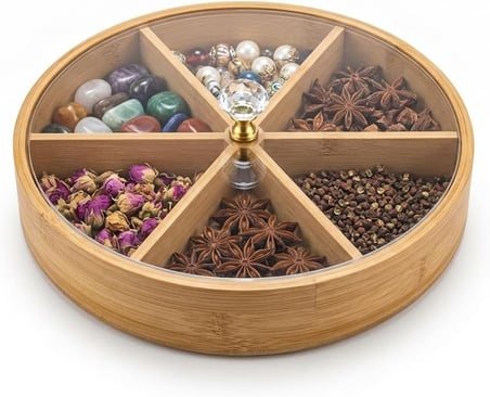 Deconox 30 cm Bambu Bölmeli Sunumluk - Kristal Kulplu Kırılmaz Şeffaf Kapaklı Çerezlik, Kahvaltılık ve Draje Tabağı