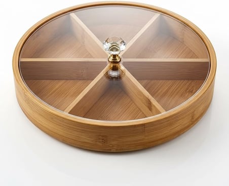 Deconox 30 cm Bambu Bölmeli Sunumluk - Kristal Kulplu Kırılmaz Şeffaf Kapaklı Çerezlik, Kahvaltılık ve Draje Tabağı