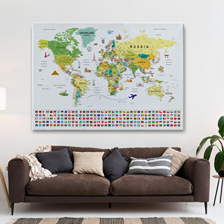 Harita Sepeti Dünya Haritası Ayrıntılı Eğitici Sembollü Bayraklı Dekoratif Kanvas Tablo 2835