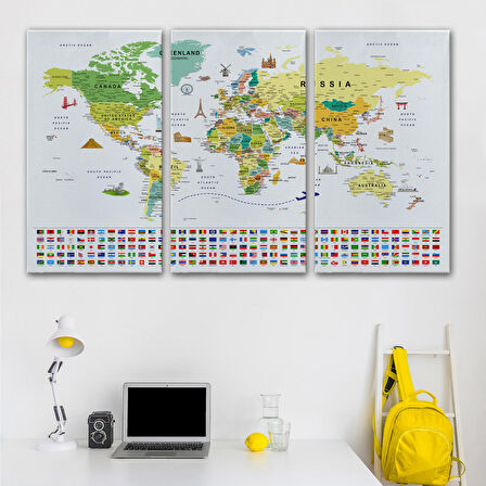 Harita Sepeti Dünya Haritası Ayrıntılı Eğitici Sembollü Bayraklı Dekoratif Kanvas Tablo 2835