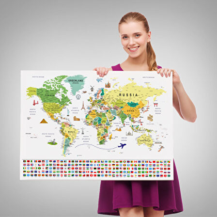 Harita Sepeti Dünya Haritası Ayrıntılı Eğitici Sembollü Bayraklı Dekoratif Kanvas Tablo 2835