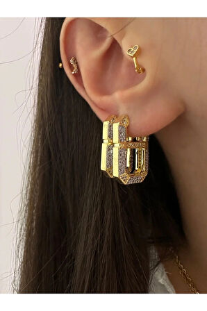 Çift Kare Detaylı Küpe