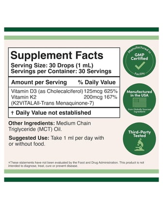Vitamin D3 & K2 5000 IU 200 mcg & with MCT oil 30 Servis 1 fl. oz .