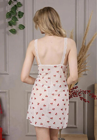 Kiraz Baskılı Tangalı Transparan Gecelik