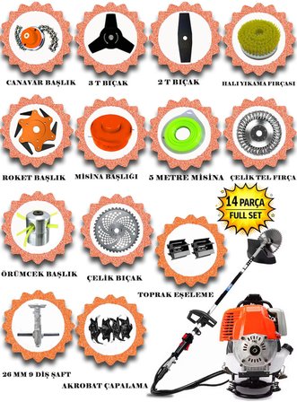 German WG 630 Güçlü Yüksek Performans 14 Parça Full Set Sırt Tipi Benzinli Çalı Çim Biçme Tırpanı