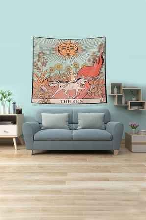 Ontheclouds Bej The Sun Tarot Kartı Leke Tutmaz Kadife Kumaş Duvar Örtüsü Duvar Halısı Tapestry, 70 x 70