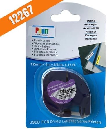 Puun Dymo Letratag Muadil Bant 12267 12mmX4m Plastik Şeffaf Etikete Siyah Yazı Şerit Etiket Kaseti
