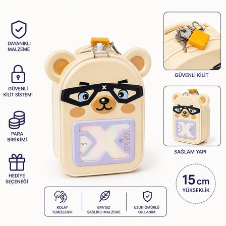 Lucky Bear Kilitli Metal Kumbara Mavi – Anahtarlı Para Kutusu 15 cm Çocuk Kumbarası krem