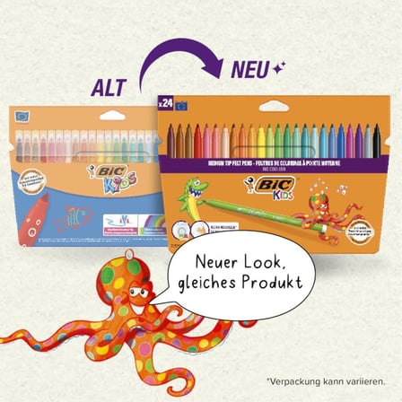 BIC Kids Kid Couleur Ultra Yıkanabilir Keçeli Boya Kalemi 24 Renk, Kolayca Çoğu Kumaştan Çıkar, Su Bazlı Keçeli Kalem