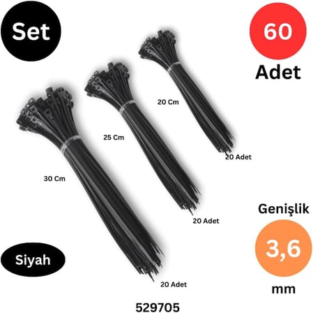 Tek - İş 200-250-300 mm x 3,6 mm Plastik Kablo Bağı Cırt Kelepçe Siyah 60 Adet