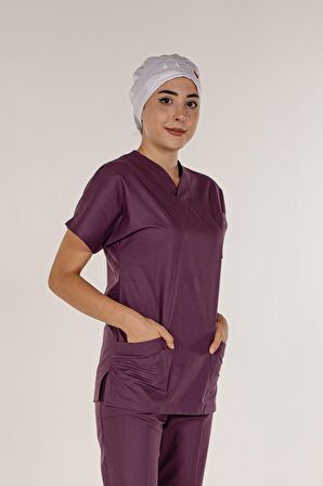 Mürdüm Üst Scrubs Terrycotton Doktor Hemşire Forma