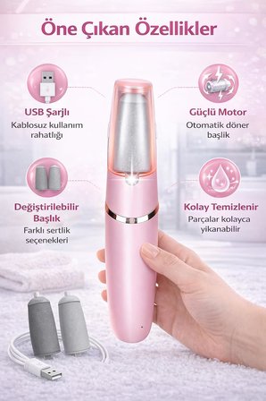 SoftPedi Elektrikli Topuk Temizleyici – Şarjlı Ayak Törpüsü, Ölü Deri Giderici, 2 Yedek Başlıklı, Topuk Çatlak Giderici Pedikür Cihazı