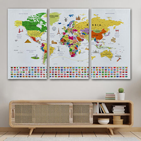 Harita Sepeti Dünya Haritası Ayrıntılı Eğitici Sembollü Bayraklı Dekoratif Kanvas Tablo 2839