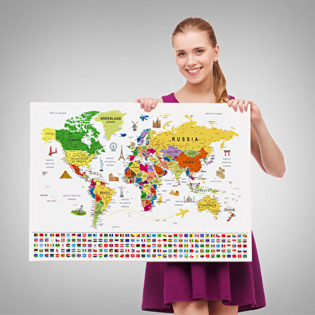 Harita Sepeti Dünya Haritası Ayrıntılı Eğitici Sembollü Bayraklı Dekoratif Kanvas Tablo 2839