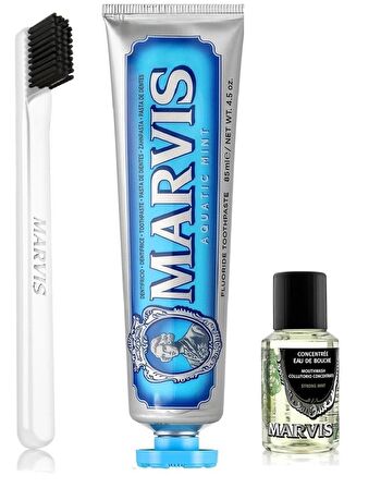 Marvis Acquatic Mint Diş Macunu 85 ml + Yumuşak Diş Fırçası + Konsantre Ağız Gargarası 30 ml